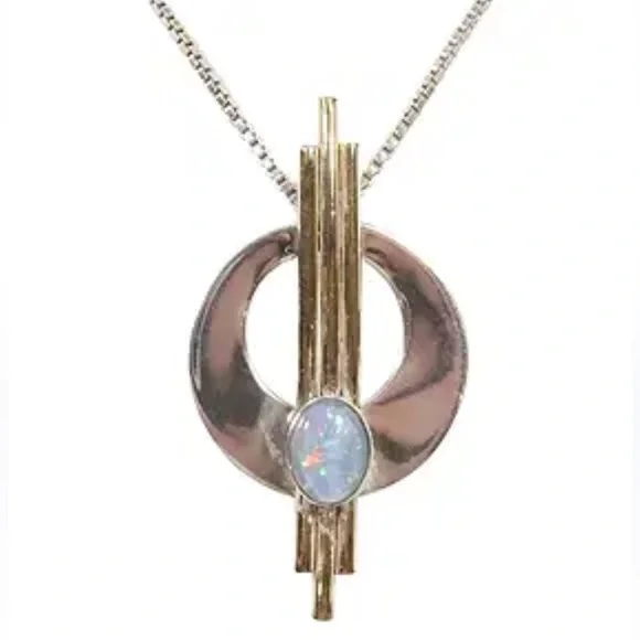 Vintage 10K GF Sterling Silver& Opal Modernist Deco Geometric Brooch Pin Pendant - Picture 9 of 9